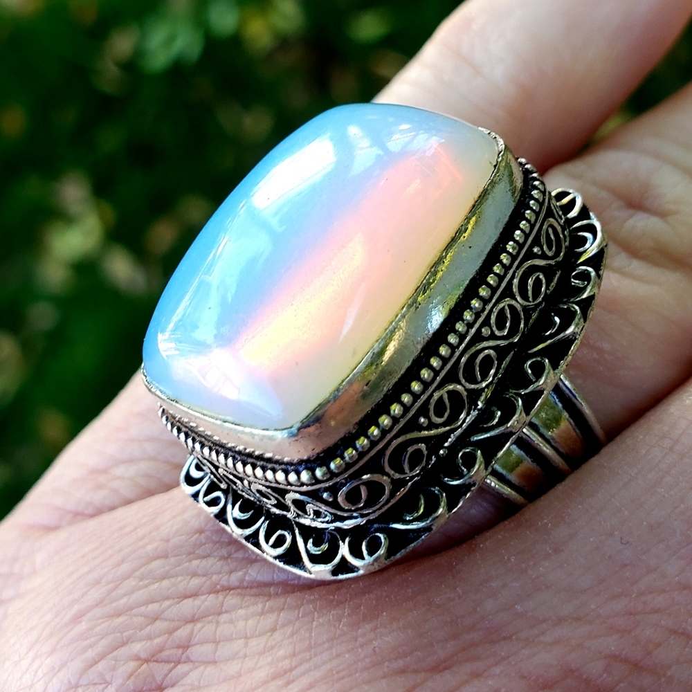 New Opal Opalite 925 Silver Statement Ring.